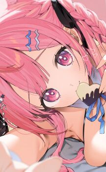 Rule 34 | 1girl, :3, black ribbon, blue ribbon, blush, breasts, close-up, closed mouth, commentary request, cropped, detached collar, eating, eyelashes, food, food in mouth, hair ornament, hair ribbon, hairclip, heart, highres, holding, holding food, indie virtual youtuber, itohana, long hair, looking at viewer, lying, neck ribbon, paid reward available, pink eyes, pink hair, ribbon, smile, solo, star (symbol), star hair ornament, virtual youtuber, yuuki sakuna