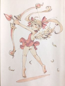 1girl angel_wings arrow_(projectile) backless_dress backless_outfit bare_arms barefoot blonde_hair bow bow_(weapon) closed_mouth clothes_lift commentary cupid drawing_bow dress dress_lift falling_feathers feathered_wings feathers flat_chest flying from_behind full_body hair_bow heart heart_arrow highres holding holding_bow_(weapon) holding_weapon long_hair one_eye_closed original panties pantyshot peter_salt red_bow red_dress red_eyes short_dress sleeveless sleeveless_dress smile solo traditional_media twintails underwear weapon white_background white_panties wind wind_lift wings