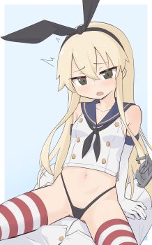1boy 1girl anchor_hair_ornament black_eyes black_hairband black_neckerchief black_panties blonde_hair blue_background blue_sailor_collar blush border breasts buttons collarbone crop_top elbow_gloves girl_on_top gloves grey_eyes hair_between_eyes hair_ornament hairband hetero highleg highleg_panties jacket kantai_collection keven_(ewdx3754) loli long_hair navel neckerchief no_pants open_mouth panties pants sailor_collar school_uniform serafuku shimakaze_(kancolle) shirt sitting sitting_on_person sleeveless sleeveless_shirt small_breasts solo_focus straddling striped_clothes striped_thighhighs thighhighs thong two-tone_background underwear white_border white_gloves white_jacket white_pants