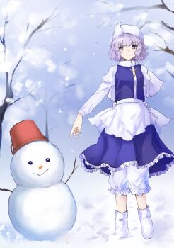 1girl apron arm_behind_back bloomers blue_dress blue_eyes blue_hair blush boots closed_mouth commentary dress frills full_body hat highres letty_whiterock long_sleeves looking_at_viewer medium_hair neold outdoors shirt smile snow snowing snowman solo standing touhou tree triangular_headpiece underwear white_bloomers white_boots white_shirt yuki_onna