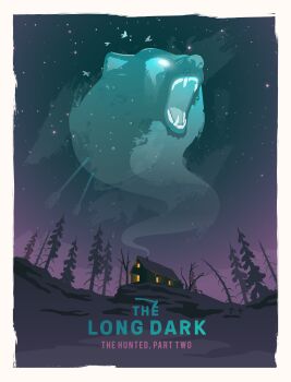 absurdres arrow_(projectile) arrow_in_body aurora axe bare_tree bear bird chimney copyright_name fangs highres house mikalaimanyshau night no_humans open_mouth rock scenery sky smoke snow star_(sky) starry_sky the_long_dark tree window winter