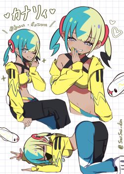 1girl aqua_hair ass bandeau black_mask black_pants blonde_hair blue_pants breasts canari_(pokemon) criss-cross_halter crop_top gen_5_pokemon grin groin hair_ornament halterneck hasu_175 heart highres jacket looking_at_viewer mask mask_pull medium_breasts midriff mouth_mask multicolored_hair navel nintendo one_eye_closed open_mouth pants pokemon pokemon_(creature) pokemon_legends:_z-a short_twintails smile split-color_hair squinting star_(symbol) stomach twintails two-tone_hair two-tone_mask tynamo yellow_bandeau yellow_jacket yellow_mask