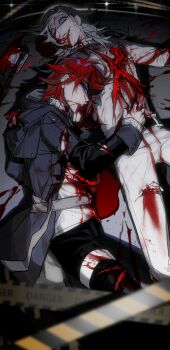 2boys absurdres alternate_costume aotsuki_eito axe belt black_belt black_pants black_streaks bleeding blood blood_in_hair blood_on_axe blood_on_clothes blood_on_face blood_on_ground blood_on_hands blue_eyes caution_tape coat corpse crime_scene deep_wound entrails evil_smile grey_coat grey_hair highres injury male_focus medium_hair multicolored_hair multiple_boys organs pants pool_of_blood purple_eyes red_hair shirt short_hair smile spoilers streaked_hair sumino_takumi the_hundred_line_-last_defense_academy- torn_clothes torn_pants torn_shirt white_pants white_shirt yeshaqianww