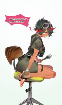 1girl absurdres angry barefoot black_hair chair clenched_teeth dark-skinned_female dark_skin feet goggles goggles_on_head highres looking_at_viewer multicolored_hair original qiu_shu short_hair soles streaked_hair sweat swivel_chair teeth toes wrench yellow_eyes