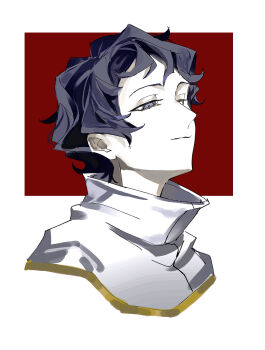 Rule 34 | 1boy, absurdres, black hair, capelet, closed mouth, commentary, cropped shoulders, gold trim, grey eyes, half-closed eyes, highres, male focus, pale skin, saibou shinkyoku, short bangs, short hair, smile, solo, symbol-only commentary, two-tone background, utsugi noriyuki, voltmeter f, white capelet