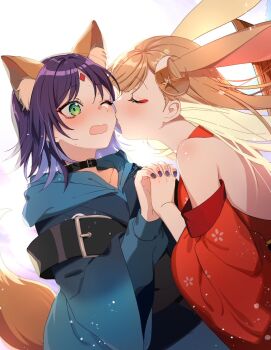 2girls animal_ears bare_shoulders black_collar blonde_hair blue_hoodie blush chou_kaguya-hime! closed_eyes collar commentary dress forehead_jewel fox_ears fox_girl fox_tail green_eyes highres holding_hands hood hoodie interlocked_fingers iroha_sakayori ka_zu_neko kaguya_(chou_kaguya-hime!) kiss kissing_cheek long_hair medium_hair multiple_girls one_eye_closed open_mouth purple_nails red_dress simple_background tail white_background yuri