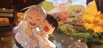 2boys 8083_blue aged_down black_hair bracelet brothers closed_eyes commentary facing_viewer happy hoshina_soichiro hoshina_soshiro hug jewelry kaijuu_no._8 koi multiple_boys open_mouth outdoors photo_background pond short_hair siblings
