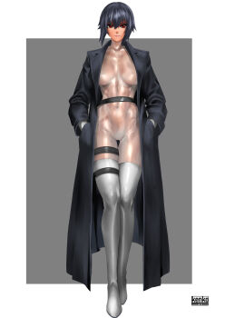 1girl abs black_coat black_hair breasts bujiankang coat commentary full_body ghost_in_the_shell hands_in_pockets highres kusanagi_motoko navel red_eyes see-through_clothes short_hair solo straight-on thighhighs