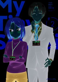 1boy 1girl akina_chihiro anime_coloring blonde_hair blue_pants brown_eyes brown_jacket brown_pants brown_suit character_name closed_eyes collared_shirt commentary_request copyright_name cowboy_shot crossed_arms facing_viewer formal_clothes green_shirt hand_on_own_hip hayakawa_chinatsu height_difference id_card jacket long_sleeves necktie official_art orange_necktie pants plaid_clothes plaid_necktie purple_shirt shirt short_hair suit suit_jacket uchi_no_kaisha_no_chiisai_senpai_no_hanashi white_hair