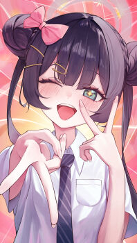 1girl absurdres black_necktie blue_archive blush bow bowtie braid braided_base braided_bun butterfly_hair_ornament colorful_background commentary_request diagonal-striped_clothes diagonal-striped_necktie double_bun double_v eyelashes grey_eyes grey_halo gyaru_v hair_bun hair_ornament halo highres kisaki_(blue_archive) kisaki_(school_uniform)_(blue_archive) looking_at_viewer necktie open_mouth pink_bow pink_bowtie smile sparkling_eyes striped_clothes striped_necktie ubeuna v
