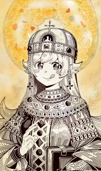 1girl blonde_hair blush_stickers book breasts cross crown donut dot_nose dress flipped_hair food gem greyscale_with_colored_background hair_flaps hand_up highres holding holding_book hugging_book hugging_object icon_(religion) leasterlingr long_hair long_sleeves medium_breasts monogatari_(series) ornate_clothes oshino_shinobu pointy_ears solo tongue tongue_out upper_body very_long_hair yellow_background