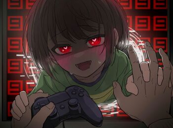2others agurunavyblue ambiguous_gender blush brown_hair chara_(undertale) controller game_controller green_sweater heart heart-shaped_pupils highres holding holding_controller holding_game_controller holding_hands looking_at_viewer monitor multiple_others sweat sweater symbol-shaped_pupils undertale utdr_(toby_fox)