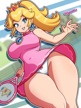 Rule 34 | 1girl, blonde hair, blue eyes, blue gem, blush, bow, bow panties, breasts, brooch, cloud, crown, dress, earrings, gem, grin, high ponytail, holding, holding tennis racket, jewelry, lace, lace-trimmed panties, lace trim, large breasts, long hair, looking at viewer, mario (series), mario tennis, mario tennis fever, nail polish, nintendo, nyazuli, panties, pearl earrings, pink bow, pink dress, pink lips, pink nails, ponytail, princess, princess peach, racket, sky, sleeveless, sleeveless dress, smile, sportswear, standing, teeth, tennis, tennis court, tennis net, tennis racket, tennis uniform, thick thighs, thighs, underwear, white panties, wide hips, wind, wind lift