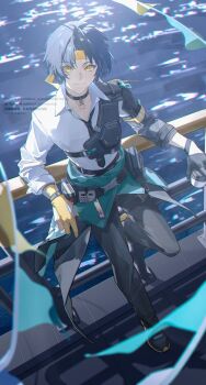 Rule 34 | 1boy, aqua jacket, armband, asaba harumasa, asymmetrical gloves, bingzhen h2o, black choker, black gloves, black hair, black necktie, black pants, black shoes, choker, clothes around waist, collared shirt, colored shoe soles, cup, disposable coffee cup, disposable cup, full body, gloves, headband, highres, holding, holding cup, jacket, jacket around waist, looking at viewer, looking up, mismatched gloves, necktie, pants, partially fingerless gloves, partly fingerless gloves, shirt, shoes, solo, thigh strap, watermark, white shirt, yellow armband, yellow eyes, yellow gloves, yellow headband, yugake, zenless zone zero