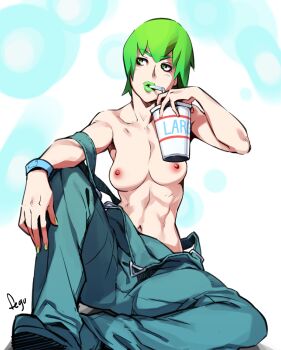 1girl abs artist_name breasts collarbone cup drinking_straw eyelashes feguimel female_focus foo_fighters_(jojo) green_eyes green_hair green_lips jojo_no_kimyou_na_bouken lipstick looking_to_the_side makeup medium_breasts nail_polish navel nipples no_bra off_shoulder overalls short_hair sitting solo stomach stone_ocean tomboy toned topless_female wariza wristband