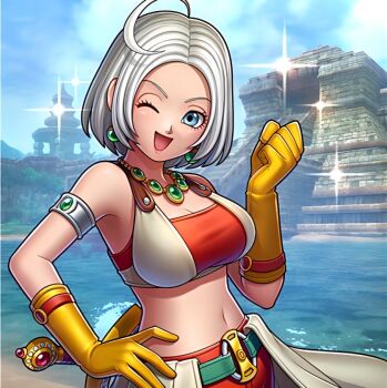1girl ;d ahoge armlet artist_request belt blue_eyes blue_sky breasts cleavage clenched_hand dragon_quest dragon_quest_rivals dragon_quest_x earrings game_cg gem gloves green_belt green_gemstone hand_on_own_hip jewelry large_breasts looking_at_viewer multicolored_sports_bra navel necklace o-ring o-ring_belt official_art one_eye_closed open_mouth orange_shorts orange_sports_bra outdoors parted_hair resized riin_(dq10) ruins short_hair shorts silver_armlet sky smile solo sparkle sphere_earrings sports_bra sword third-party_source upper_body upscaled water weapon white_hair white_sports_bra yellow_gloves