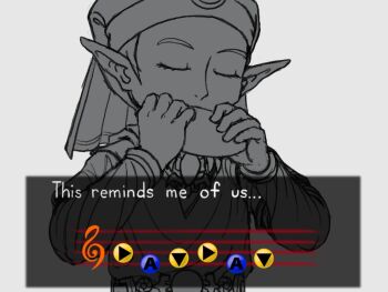 1girl closed_eyes flashback gameplay_mechanics headdress highres instrument mirandacrossin monochrome music musical_note nintendo ocarina playing_instrument pointy_ears princess_zelda solo the_legend_of_zelda the_legend_of_zelda:_majora's_mask upper_body wimple young_zelda