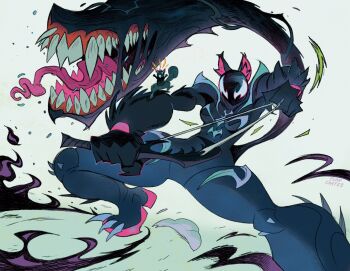 1girl animal_ears bodysuit claws fangs flancortes highres large_tail long_tongue marvel marvel_rivals mask official_alternate_costume sharp_teeth slingshot_(weapon) squirrel squirrel_ears squirrel_girl squirrel_girl_(marvel) squirrel_girl_(symbiote_squirrel)_(marvel) squirrel_tail symbiote tail tail_mouth teeth tippy-toe tongue