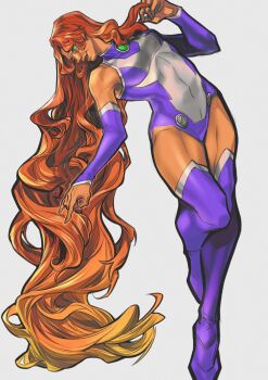 1girl bare_shoulders boots breasts chest_jewel dc_comics detached_sleeves floating gem green_eyes green_gemstone grey_background highres irispardom leotard long_hair medium_breasts multicolored_leotard purple_boots purple_leotard purple_sleeves red_hair smile solo starfire superhero_costume tan teen_titans thigh_boots two-tone_leotard very_long_hair white_leotard