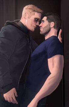 2boys bara black_hair black_jacket black_pants blonde_hair blue_shirt call_of_duty call_of_duty:_modern_warfare_2 closed_mouth couple facepaint facial_hair ghost_(modern_warfare_2) highres hood hood_down hooded_jacket jacket journnen large_pectorals looking_at_another male_focus multiple_boys muscular muscular_male open_clothes open_jacket pants pectorals shirt short_hair smile soap_(modern_warfare_2) yaoi