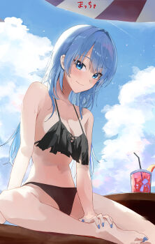 1girl absurdres barefoot bikini black_bikini blue_eyes blue_hair blue_nails blue_sky breasts cleavage cloud commentary_request cumulonimbus_cloud drink drinking_straw feet frilled_bikini frills hand_on_own_foot highres hololive hoshimachi_suisei ice ice_cube long_hair looking_at_viewer matcha_(matttttya1) medium_breasts nail_polish navel sitting sky solo star_(symbol) star_in_eye swimsuit symbol_in_eye umbrella virtual_youtuber