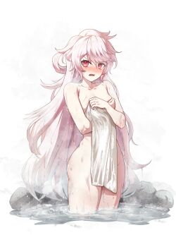 1girl absurdres areola_slip blush breasts collarbone commentary completely_nude covering_breasts covering_privates elsword eternity_winner_(elsword) groin highres laby_(elsword) long_hair looking_at_viewer nude onsen open_mouth pink_eyes pink_hair pinkmarine rock sharp_teeth simple_background solo teeth thighs towel upper_teeth_only wading water white_background