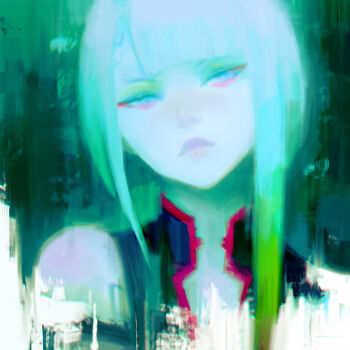 1girl alex_chow bare_shoulders collarbone cyberpunk:_edgerunners cyberpunk_(series) cyborg dress eyeliner looking_at_viewer lucy_(cyberpunk) makeup off-shoulder_jacket off_shoulder red_eyeliner red_lips short_hair simple_background solo