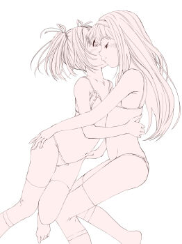 Rule 34 | 2girls, akemi homura, blush, bra, closed mouth, greyscale, hair ribbon, hand on another's waist, highres, kaname madoka, long hair, mahou shoujo madoka magica, mahou shoujo madoka magica (anime), marutaya, monochrome, multiple girls, panties, ribbon, smile, twintails, underwear, underwear only, yuri