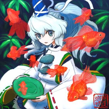 1girl blue_eyes blue_hat commentary_request fish goldfish grey_hair hat high_ponytail japanese_clothes kariginu long_hair looking_at_viewer mononobe_no_futo open_mouth plate pom_pom_(clothes) ponytail ribbon-trimmed_sleeves ribbon_trim ritsuzou robe seal_impression solo tate_eboshi touhou upper_body white_robe