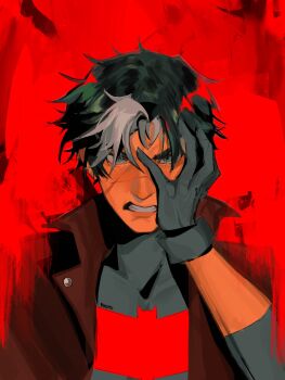 1boy bat_signal batman_(series) batman_symbol black_bodysuit black_gloves black_hair blue_eyes bodysuit brown_jacket dc_comics gloves grey_bodysuit highres jacket jason_todd male_focus multicolored_bodysuit multicolored_hair muscular muscular_male open_clothes open_mouth red_hood_(dc) red_hood_and_the_outlaws rhuviii short_hair simple_background solo superhero_costume taut_bodysuit two-tone_bodysuit