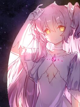 1girl bow breasts chest_jewel chinese_commentary choker circon cleavage cleavage_cutout closed_mouth clothing_cutout collarbone commentary_request curtains diamond_cutout dress frilled_sleeves frills gem gloves hair_between_eyes hair_bow happy highres kaname_madoka long_hair looking_at_viewer mahou_shoujo_madoka_magica mahou_shoujo_madoka_magica_(anime) opening_curtains pink_gemstone pink_hair pleated_sleeves short_sleeves smile solo space tareme two_side_up ultimate_madoka upper_body very_long_hair white_bow white_choker white_dress white_gloves yellow_eyes