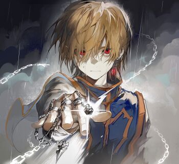 Rule 34 | 1boy, absurdres, blonde hair, blue tabard, chain, chinese commentary, closed mouth, commentary request, earrings, expressionless, glint, gold trim, grey shirt, highres, hunter x hunter, jewelry, kurapika, long sleeves, looking at viewer, male focus, multiple rings, outdoors, rain, red eyes, ring, shirt, short hair, solo, tabard, tsurime, upper body, zhi xu li ming