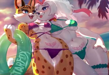 2022 2girls animal_ears bikini blue_eyes blush breasts dog dog_ears dog_girl ear_piercing earrings fay_spaniel female_focus frilled_bikini frills furry furry_female green_bikini highres innertube jewelry large_breasts lowleg lowleg_bikini lynx medium_breasts miyu_lynx multiple_girls navel nintendo one_eye_closed piercing pubic_tattoo purple_bikini skeleion skindentation spots star_fox star_fox_2 swim_ring swimsuit tattoo thick_thighs thigh_gap thighs thong tongue tongue_out underboob wide_hips