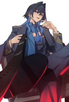 1girl absurdres black_hair black_shoes blue_coat blue_eyes blue_hair blue_jacket blue_necktie blue_shirt cleavage_cutout clothing_cutout coat coat_on_shoulders collared_shirt colored_inner_hair crossed_legs ear_chain earrings hair_intakes highres holding holding_leash hololive hololive_english hunk_404 jacket jewelry leash linked_piercing long_hair looking_at_viewer military_jacket military_uniform multicolored_hair multicolored_jacket necktie official_alternate_costume open_mouth ouro_kronii ouro_kronii_(4th_costume) piercing pov shirt shoes simple_background sitting solo teeth two-tone_hair two-tone_jacket upper_teeth_only viewer_on_leash virtual_youtuber white_background wolf_cut