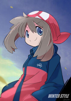 Rule 34 | 1girl, bandana, black coat, black jacket, blue eyes, brown hair, cloud, coat, commentary request, highres, hood, hooded jacket, jacket, looking at viewer, may (pokemon), medium hair, nintendo, pokemon, pokemon rse, rascal (feuille), red bandana, red jacket, simple background, sky, smile, upper body, watermark, wind, zipper