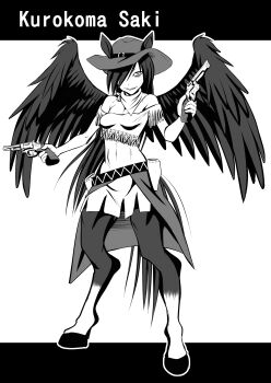 Rule 34 | 1girl, absurdres, animal ears, ayana mizuki, belt, breasts, commentary request, covered navel, cowboy hat, cowboy western, dress, dual wielding, ears through headwear, full body, greyscale, grin, gun, hair over one eye, handgun, hat, highres, holding, holding gun, holding weapon, hooves, horse ears, horse girl, horse tail, kurokoma saki, long hair, looking at viewer, monochrome, off-shoulder dress, off shoulder, revolver, small breasts, smile, solo, tail, touhou, very long hair, weapon