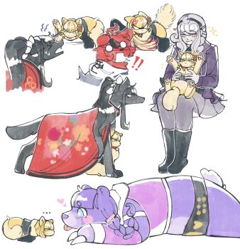 >_< 1boy 4girls anger_vein animal animalization bear black_fur blue_eyes blush cat closed_eyes collar dog heart highres hitting holding holding_animal holding_cat hood hoodie kirifuji_nozomi magadori_kyoshika mojiro_moko multiple_girls novemblem oosuzuki_kurara person_and_animalization purple_fur red_fur scratches sitting skirt sumino_takumi the_hundred_line_-last_defense_academy- tongue tongue_out white_hair yellow_fur