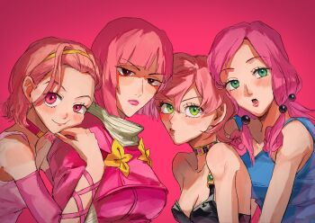 4girls absurdres bare_shoulders blue_shirt blush breasts capelet cleavage color_connection commentary_request detached_sleeves diamond_wa_kudakenai dress flower_ornament green_eyes grey_scarf hair_bobbles hair_color_connection hair_ornament hairband highres hirose_yasuho hot_pants_(sbr) in-franchise_crossover jojo_no_kimyou_na_bouken jojolion long_hair looking_at_viewer makeup medium_breasts multicolored_choker multiple_girls orion_on_rio parted_bangs pink_background pink_capelet pink_dress pink_eyes pink_hair pink_lips pink_sleeves red_eyes scarf shirt short_hair smile steel_ball_run sugimoto_reimi time_paradox trait_connection trish_una upper_body vento_aureo yellow_hairband
