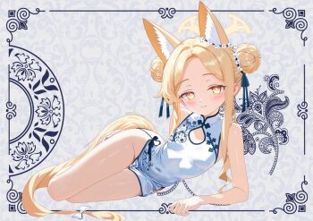 1girl animal_ears bare_legs blonde_hair blue_archive breasts china_dress chinese_clothes collared_dress commentary dress flat_chest flower flower_print fox_ears fox_girl fox_tail hair_bun hair_flower hair_ornament highres loli long_hair looking_at_viewer lying on_side orange_eyes seia_(blue_archive) sidelocks simple_background skin_tight tail white_background white_dress wide_hips