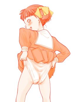 1girl ass blush bow clothes_lift drill_hair female_focus freckles from_behind hair_bow highres johanna_von_trapp lifting_own_clothes loli looking_at_viewer looking_back md5_mismatch monochrome nippon_animation open_mouth panties panty_pull pleated_skirt pulling_own_clothes red_theme riarutoruchokku skirt skirt_lift smile solo spot_color trapp_ikka_monogatari underwear wedgie world_masterpiece_theater