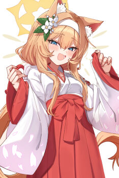 1girl :d alternate_costume amaton707 animal_ear_fluff animal_ears blue_archive blue_eyes blush cat_ears cat_girl flower hair_flower hair_ornament hairband hakama hakama_skirt halo japanese_clothes kimono kosode long_hair mari_(blue_archive) miko open_mouth orange_hair red_hakama simple_background skirt smile solo white_background white_flower white_hairband white_kimono wide_sleeves yellow_halo