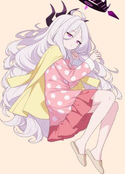 Rule 34 | 12485712, 1girl, absurdres, ahoge, blue archive, commentary, demon girl, demon horns, highres, hina (blue archive), hina (pajamas) (blue archive), horns, jacket, long hair, looking at viewer, lying, on side, pajamas, pink pajamas, polka dot, polka dot pajamas, purple eyes, simple background, solo, very long hair, white hair, yellow jacket