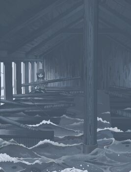 1girl arrow_(projectile) blazer dithering galley hamsterfragment jacket jaggy_lines long_sleeves medium_hair miniskirt monochrome neck_ribbon oar original pillar pleated_skirt ribbon rowing school_uniform ship_interior sinking sitting skirt solo shinohata_sachie_(hamsterfragment) thighhighs water wide_shot wooden_wall zettai_ryouiki