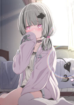 1girl absurdres asumi_sena black_choker black_hair blunt_bangs blush bow bule_blue_2 choker commentary_request grey_hair hand_up highres indoors jacket jewelry long_sleeves looking_at_viewer medium_hair multicolored_hair multiple_tails necklace open_clothes open_jacket pink_bow pink_eyes single_thighhigh sitting solo streaked_hair tail thighhighs two_tails virtual_youtuber vspo! wariza white_thighhighs