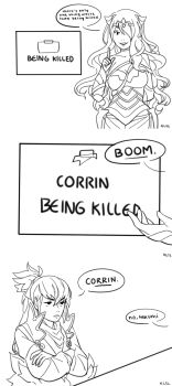 Rule 34 | 1boy, 1girl, 3koma, between breasts, birdpaladin, breasts, camilla (fire emblem), cleavage, comic, crossed arms, fire emblem, fire emblem fates, hair over one eye, highres, monochrome, nintendo, one eye covered, speech bubble, strap between breasts, takumi (fire emblem), tiara