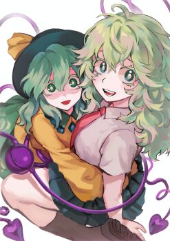 2girls :d absurdres ahoge alt_text black_hat black_shoes black_skirt black_socks blue_eyes boku_no_hero_academia breasts collared_shirt contrast_collar crossover double-parted_bangs frilled_shirt_collar frilled_sleeves frills green_eyes green_hair green_skirt hagakure_toru hair_between_eyes hat hat_ribbon highres himuhino hug komeiji_koishi large_breasts long_hair long_sleeves looking_at_viewer miniskirt multiple_girls necktie open_mouth photoshop_(medium) pleated_skirt red_necktie ribbon school_uniform shirt shoes sitting skirt smile socks third_eye touhou trait_connection wariza wavy_hair white_background yellow_ribbon yellow_shirt