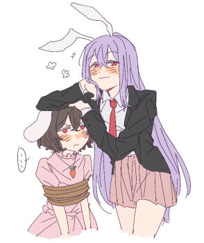 ... 2girls an9_(jwns5327) animal_ears black_jacket blush bound bound_arms brown_hair carrot_necklace chinese_commentary commentary_request dress elbow_on_another&#039;s_head frown hair_between_eyes hand_on_another&#039;s_head jacket jewelry long_hair long_sleeves looking_at_viewer medium_hair multiple_girls necklace necktie pink_dress pink_skirt purple_hair rabbit_ears rabbit_girl red_eyes red_necktie reisen_udongein_inaba shirt short_sleeves skirt smile thighs touhou very_long_hair white_shirt