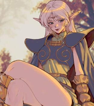 1girl armor blonde_hair blurry blurry_background blush cape circlet closed_mouth collar commentary crossed_legs deedlit elf english_commentary gloves green_eyes highres long_hair looking_at_viewer pointy_ears record_of_lodoss_war red_lips sitting smile solo yiiande
