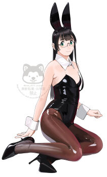 1girl absurdres alternate_costume animal_ear_hairband animal_ears black_leotard black_shoes breasts brown_pantyhose commentary_request detached_collar fake_animal_ears hairband highres kantai_collection leotard looking_at_viewer ojipon ooyodo_(kancolle) pantyhose playboy_bunny rabbit_tail shoes simple_background sitting small_breasts smile solo strapless strapless_leotard tail watermark white_background wrist_cuffs yokozuwari