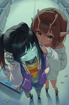 0ira 2girls absurdres alien android antennae black_hair blue_shorts brown_hair colored_skin commentary commentary_request denim denim_shorts english_commentary highres jacket kujo_chiharu kurusu_makina_(milky_galactic_universe) letterman_jacket milky_subway mixed-language_commentary multiple_girls off-shoulder_sweater off_shoulder pink_eyes pointy_ears purple_jacket red_eyes red_skin short_hair shorts sweater white_sweater